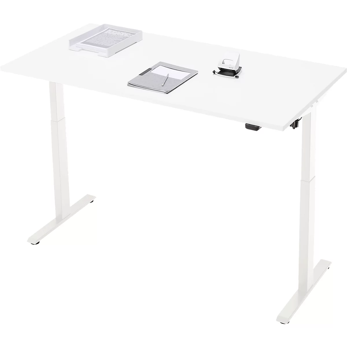 Schreibtisch, elektrisch höhenverstellbar, Rechteck, T-Fuss, B 1600 x T 800 x H 720-1200 mm, weiss/weiss