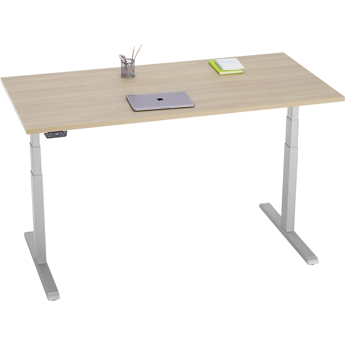 Schreibtisch, elektrisch höhenverstellbar, T-Fuß, B 1600 x T 800 x H 615-1275 mm, Eiche/weißalu
