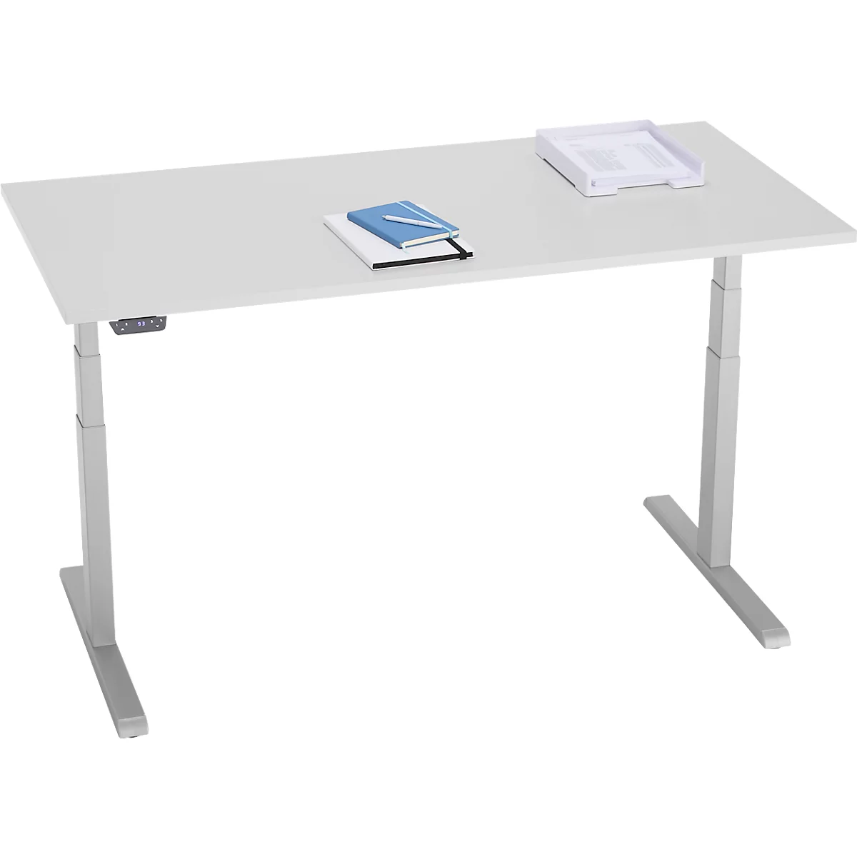 Schreibtisch, elektrisch höhenverstellbar, T-Fuß, B 1600 x T 800 x H 615-1275 mm, lichtgrau/weißalu