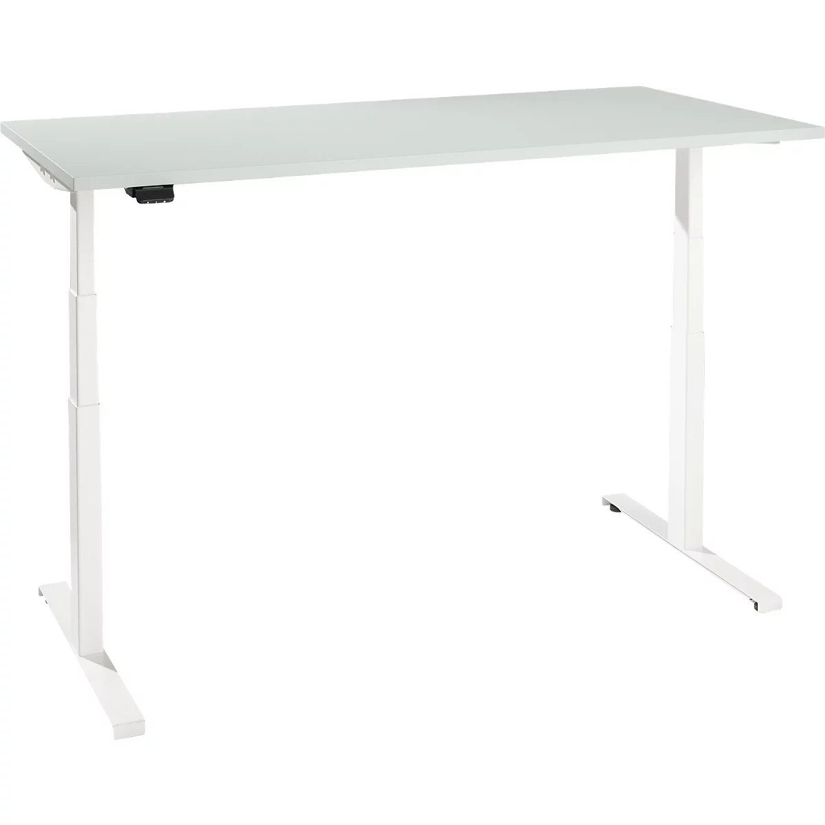 Schreibtisch, elektrisch höhenverstellbar, T-Fuß, B 1600 x T 800 x H 620-1270 mm, lichtgrau/weiß + Memoryschalter