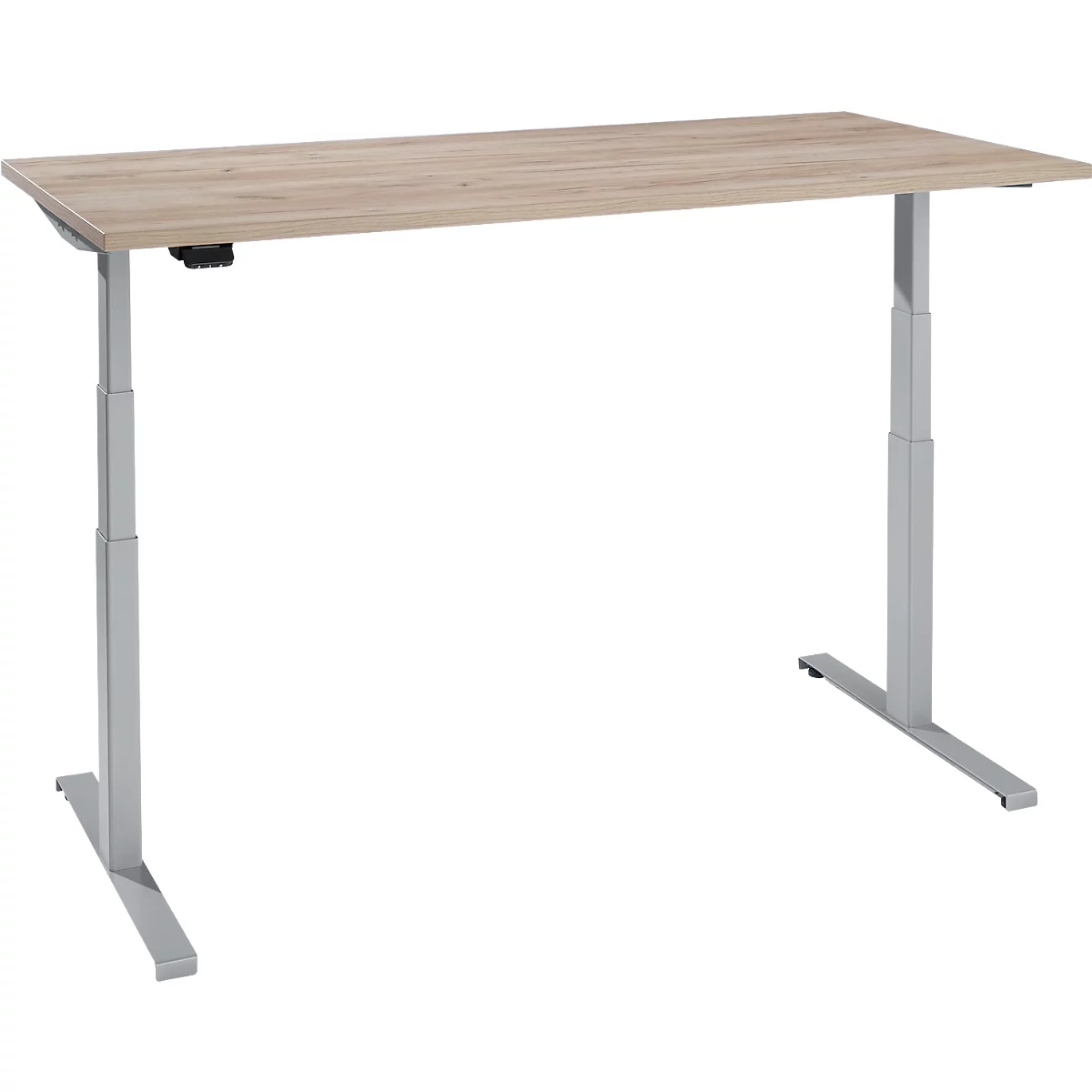 Schreibtisch, elektrisch höhenverstellbar, T-Fuß, B 1600 x T 800 x H 620-1270 mm, Wildeiche/weißaluminium + Memoryschalter