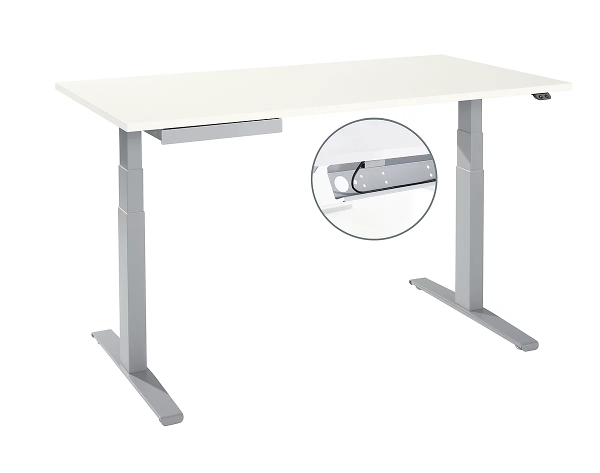 Schreibtisch, elektrisch höhenverstellbar, T-Fuß, B 1600 x T 800 x H 645-1290 mm, weiß/weißaluminium + Kabelkanal, Zubehörschublade
