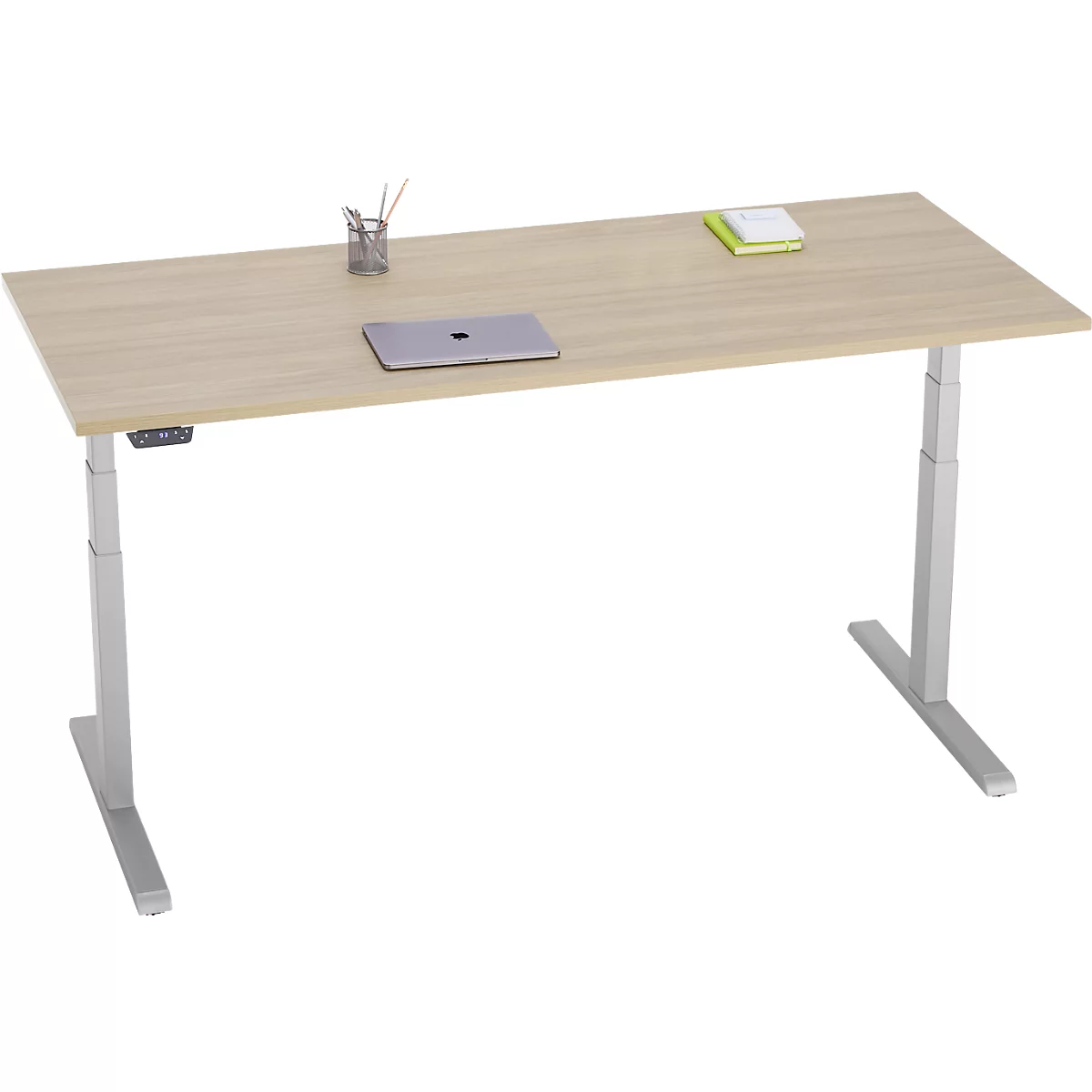 Schreibtisch, elektrisch höhenverstellbar, T-Fuß, B 1800 x T 800 x H 615-1275 mm, Eiche/weißalu