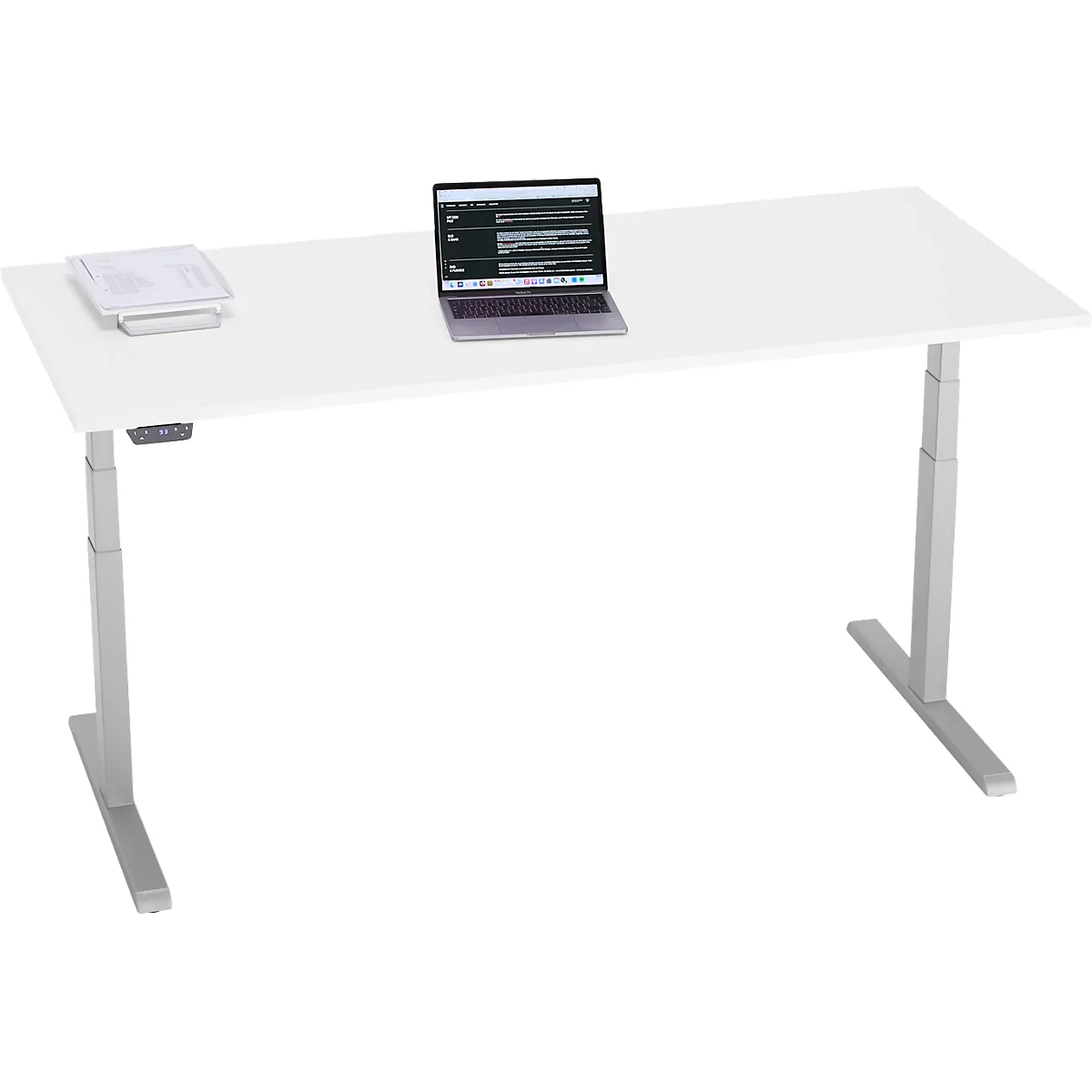 Schreibtisch, elektrisch höhenverstellbar, T-Fuß, B 1800 x T 800 x H 615-1275 mm, weiß/weißalu