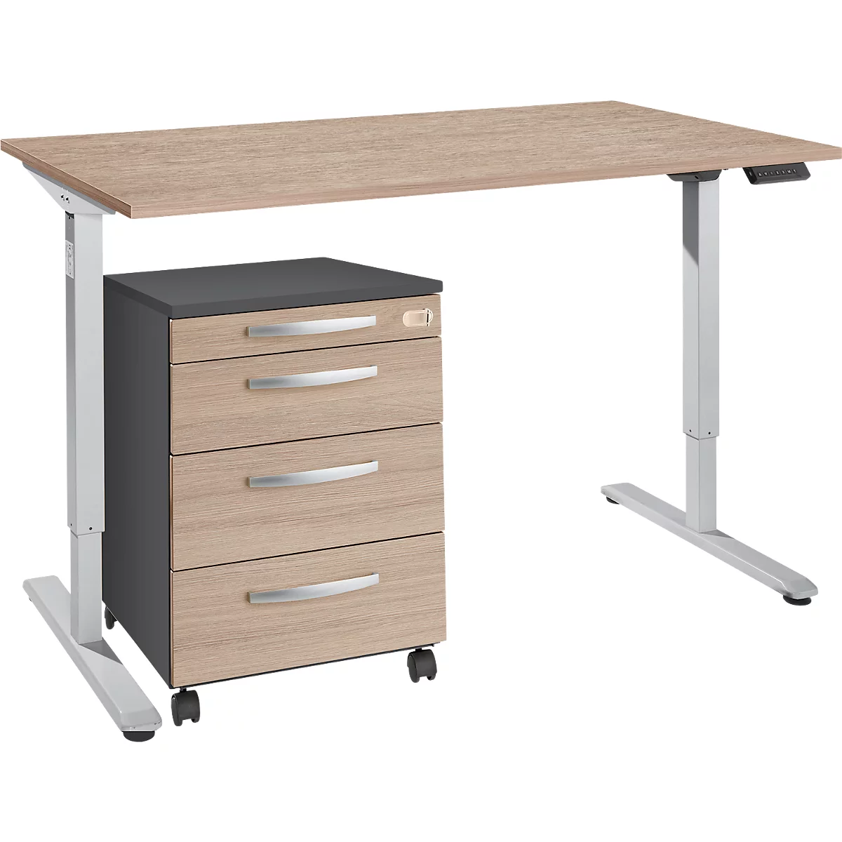 Schreibtisch, elektrisch höhenverstellbar, T-Fuß, H 755-1255 mm, Eiche-Dekor/weißaluminium + Memorybedienpanel, Kabelkanal, Rollcontaine