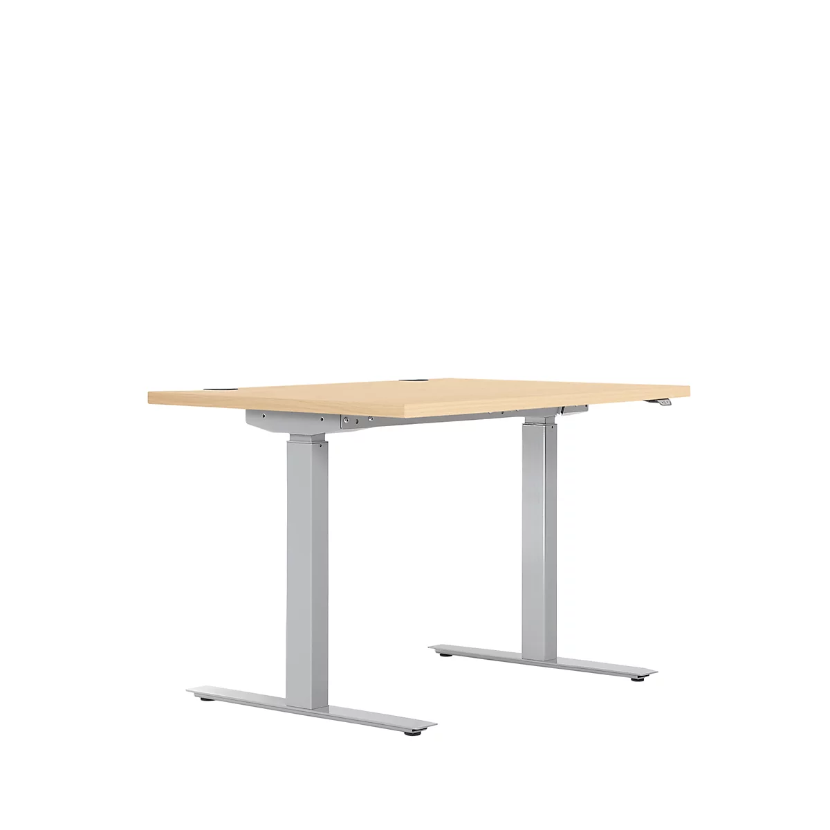 Ein höhenverstellbarer Schreibtisch mit beiger Tischplatte und silberfarbenen Beinen.