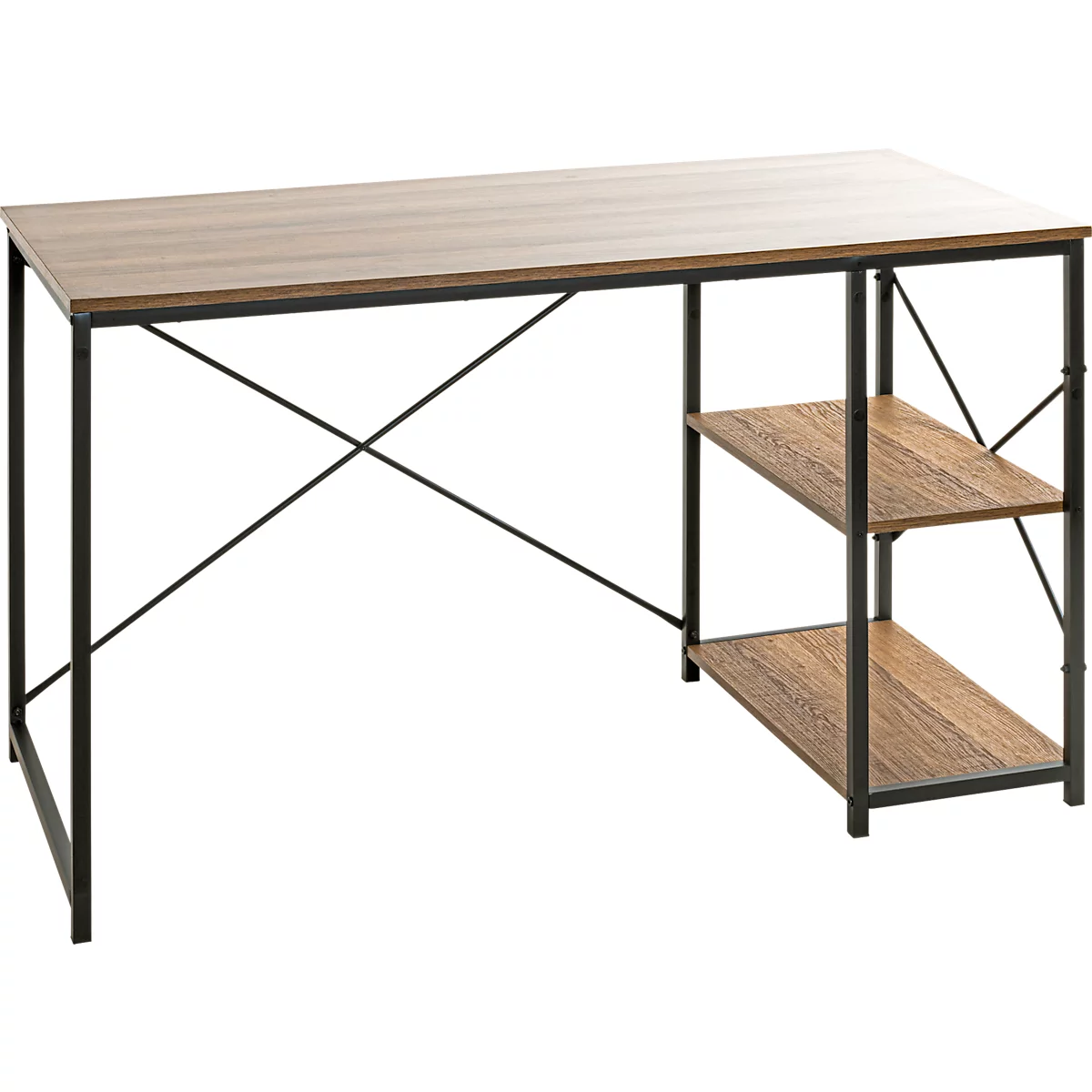 Schreibtisch mit Holzplatte und schwarzem Metallgestell. Zwei Regalböden auf der rechten Seite.