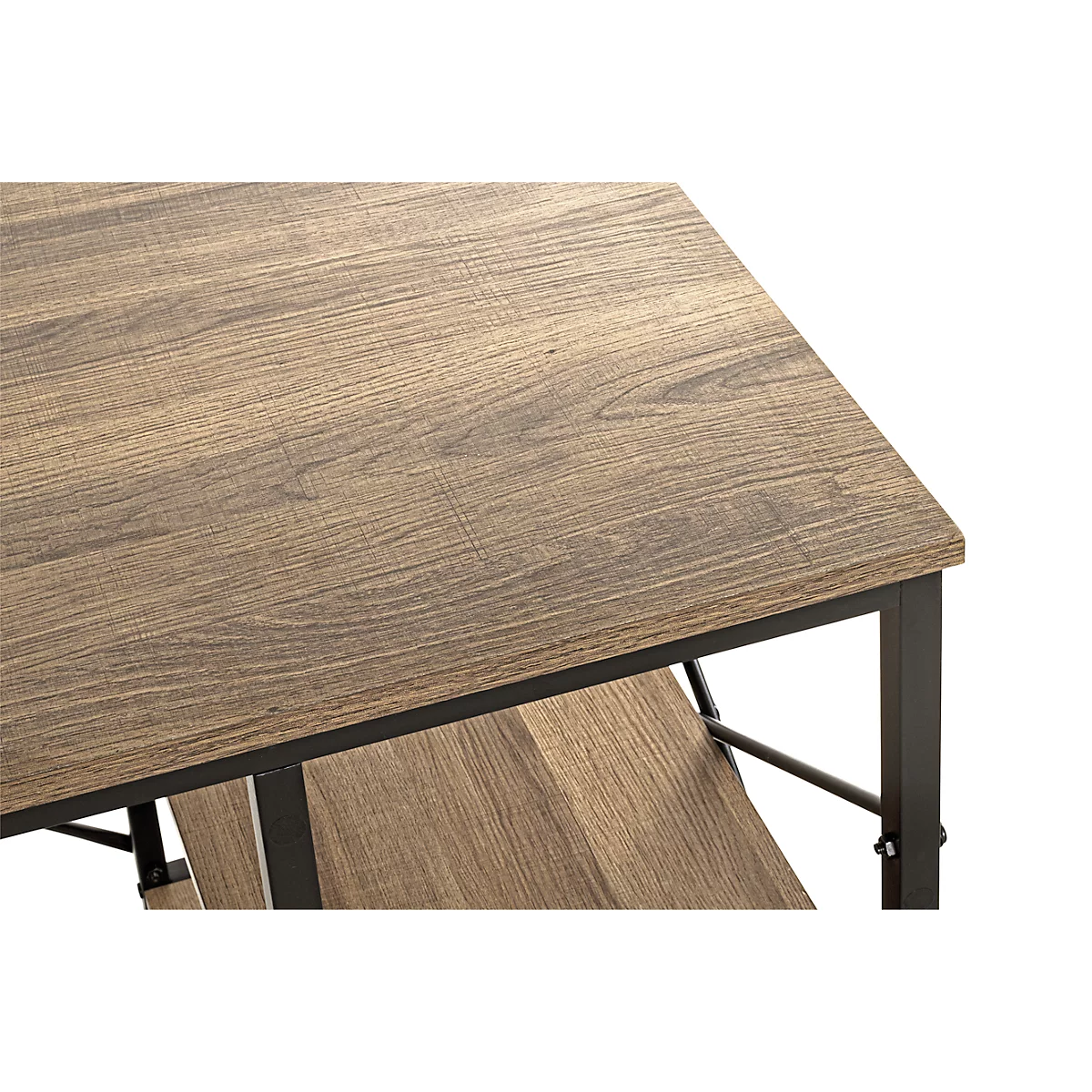 Nahaufnahme einer Holzschreibtischplatte mit schwarzem Metallrahmen. Die Holzmaserung ist deutlich sichtbar.