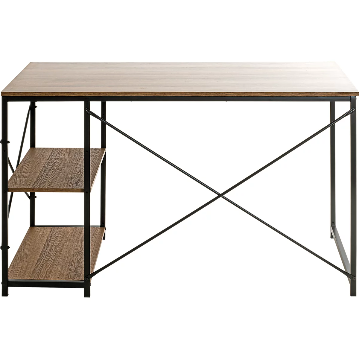 Schreibtisch mit Holzplatte und schwarzen Metallbeinen. Auf einer Seite sind zwei Regalböden integriert.