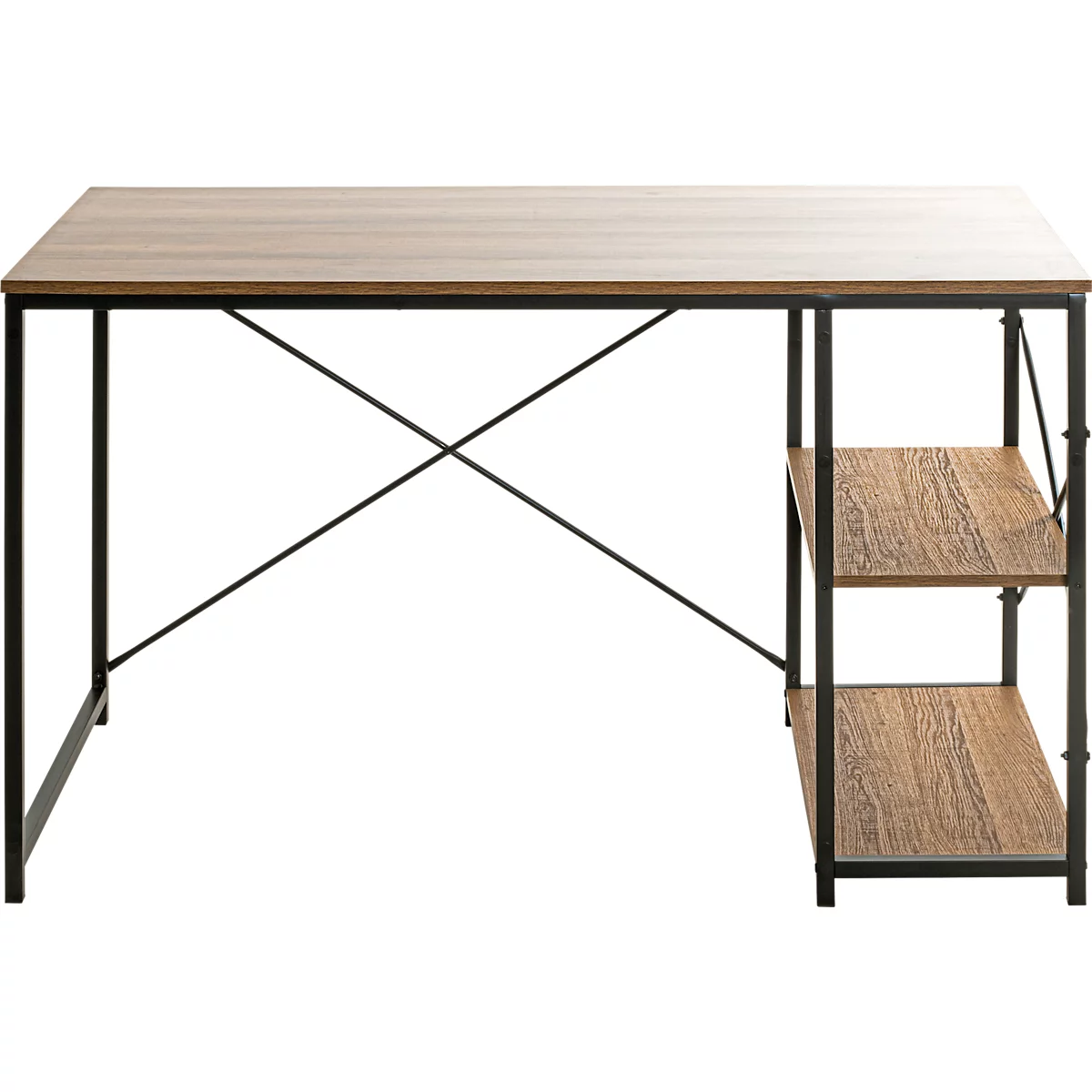 Schreibtisch mit Holzplatte und schwarzem Metallgestell, zwei Regale an der Seite.