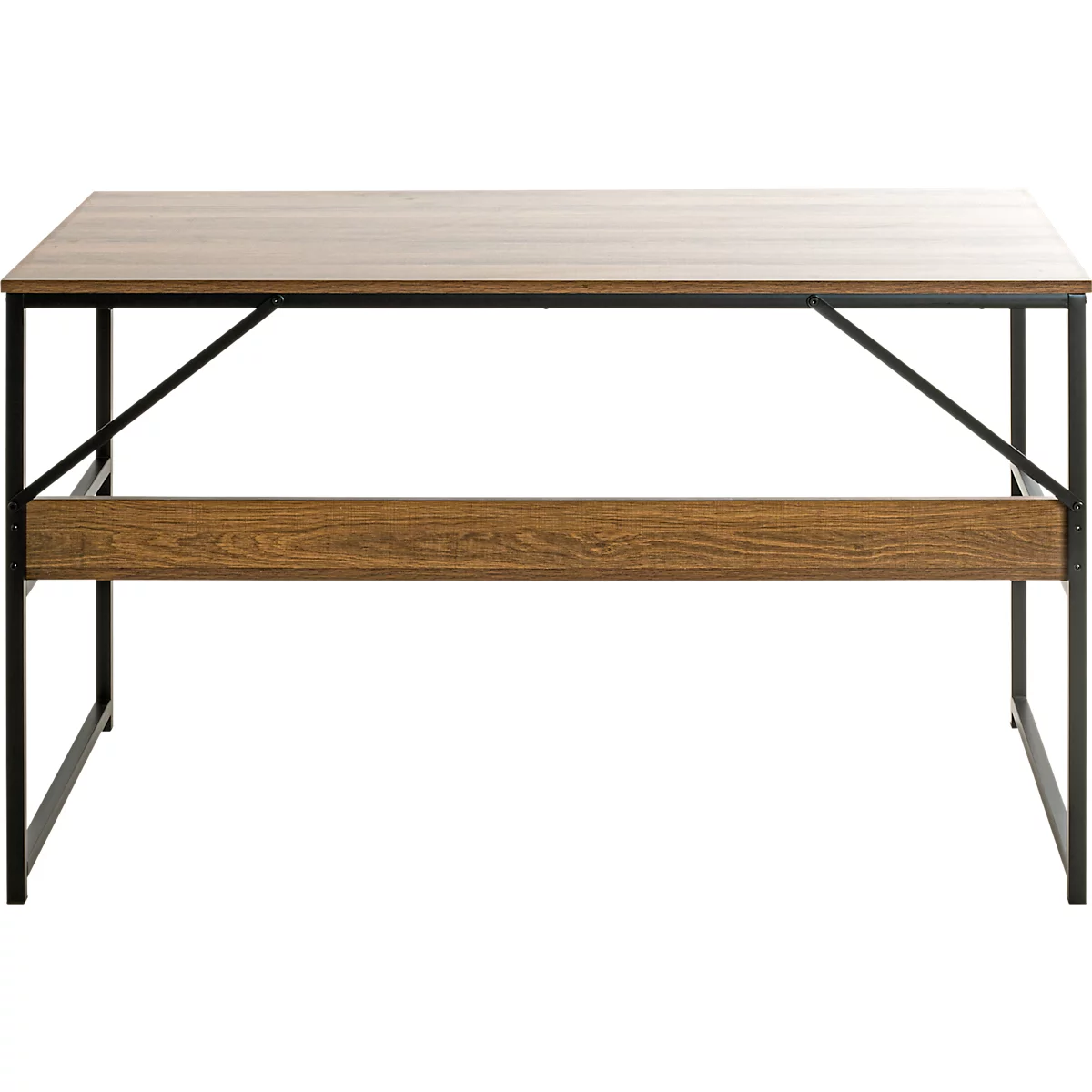 Schreibtisch aus Holz mit schwarzem Metallgestell.