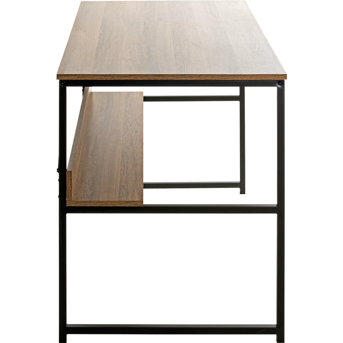 Schreibtisch aus Holz mit schwarzem Metallgestell. Rechteckige Tischplatte mit Ablagefach.