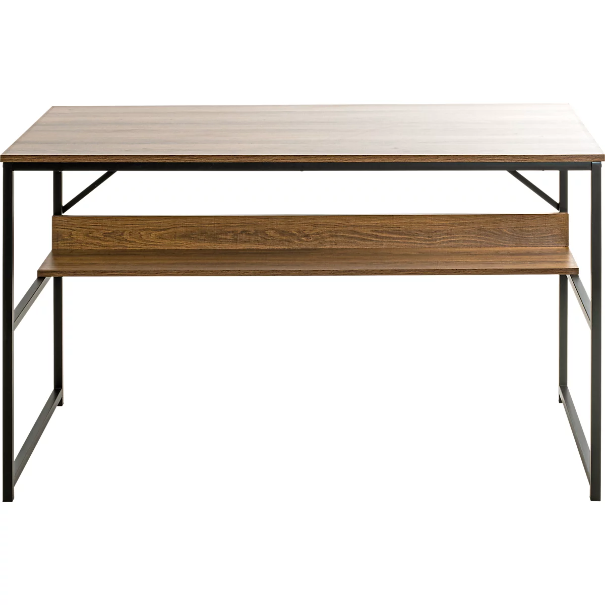 Holzschreibtisch mit schwarzem Metallgestell und Ablage.