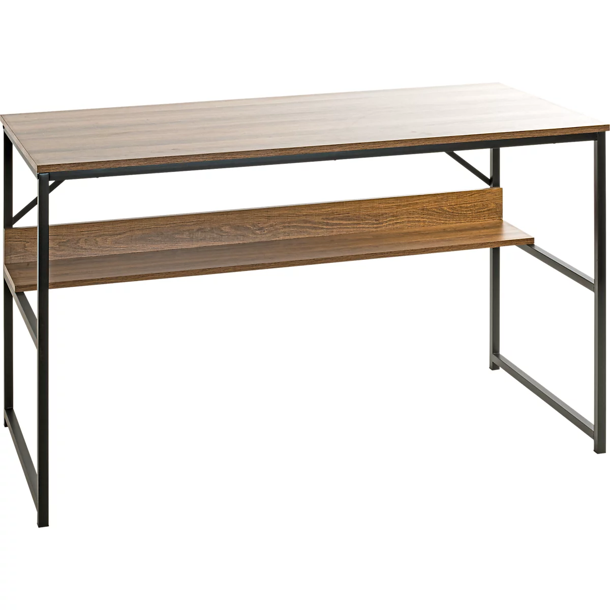 Schreibtisch aus Holz mit schwarzem Metallgestell und Ablage.