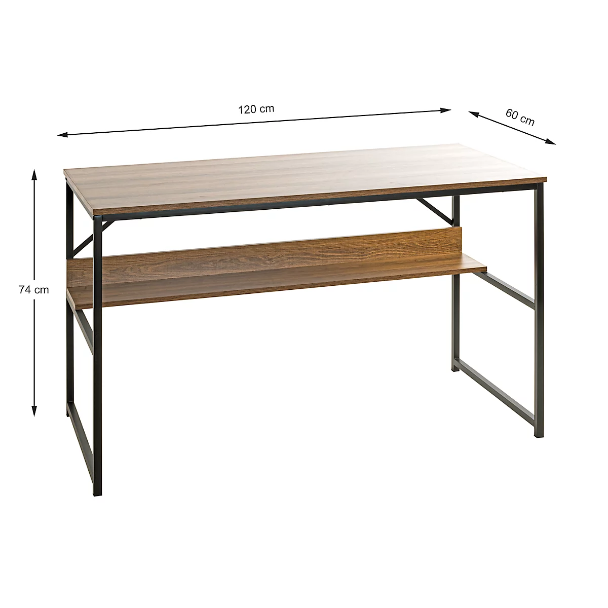 Ein brauner Schreibtisch mit schwarzem Metallrahmen. Maße: 120x60x74 cm.