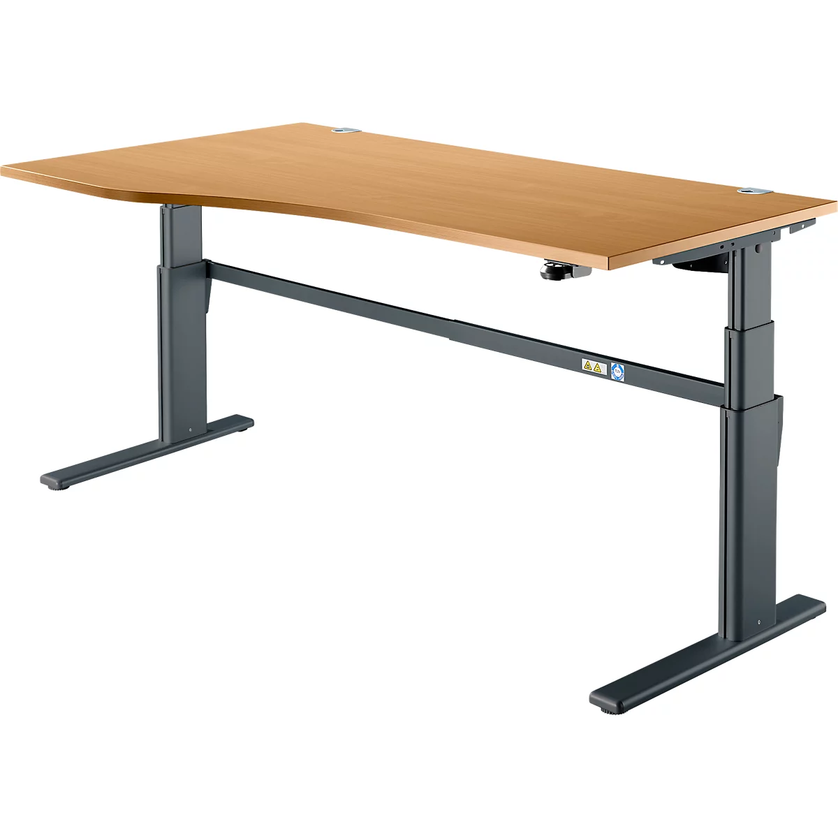 Schreibtisch Komfort, elektrisch höhenverstellbar, Freiform, Ansatz links, C-Fuß, B 1800 x T 1000/800 x H 655-1305 mm, Buche-Dekor/anthrazit