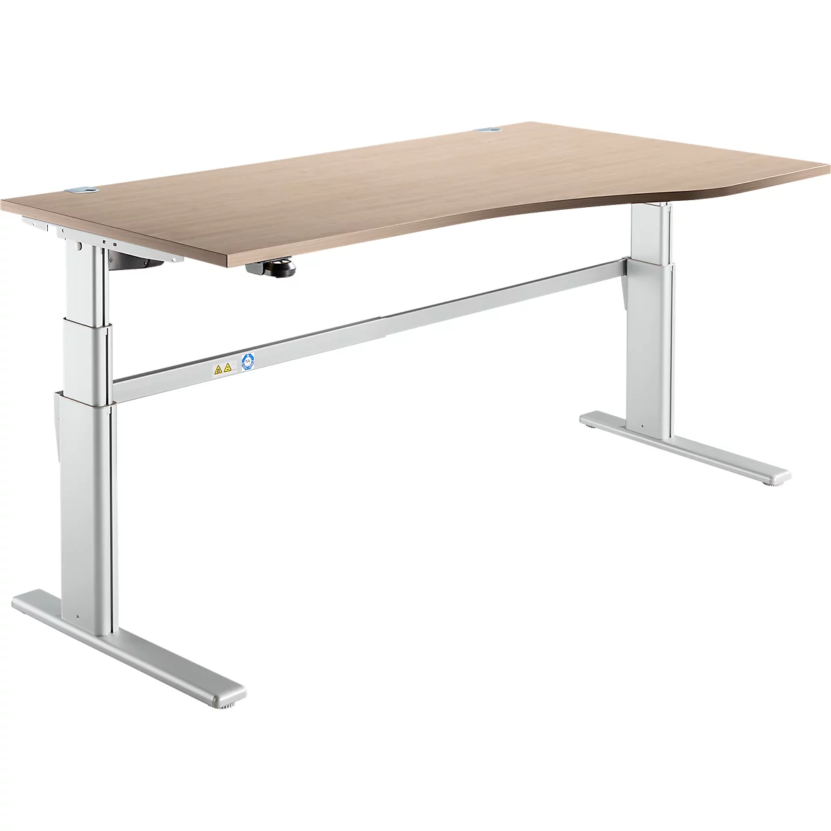 Schreibtisch Komfort, elektrisch höhenverstellbar, Freiform, Ansatz rechts, C-Fuß, B 1800 x T 1000/800 x H 655-1305 mm, Eiche/weißalu