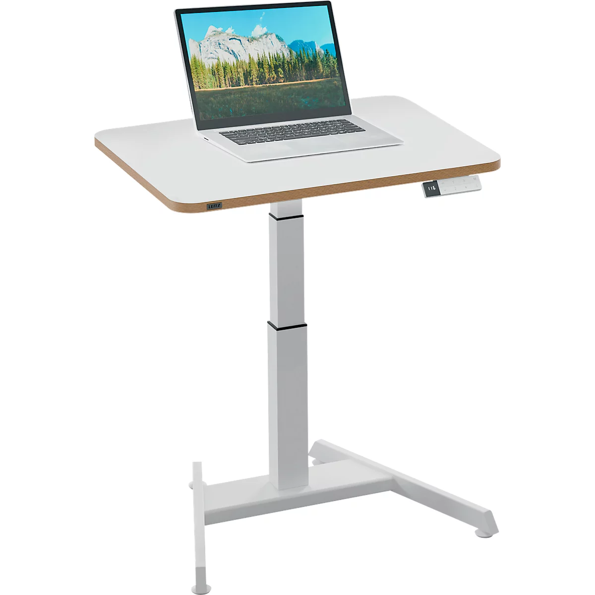 Schreibtisch LEITZ Ergo, Rechteck, elektrisch höhenverstellbar, T-Fuß, Memory-Funktion, USB-Anschlüsse, Kabelhalter, B 800 x T 600 x H 650-1300 mm, weiß/weiß