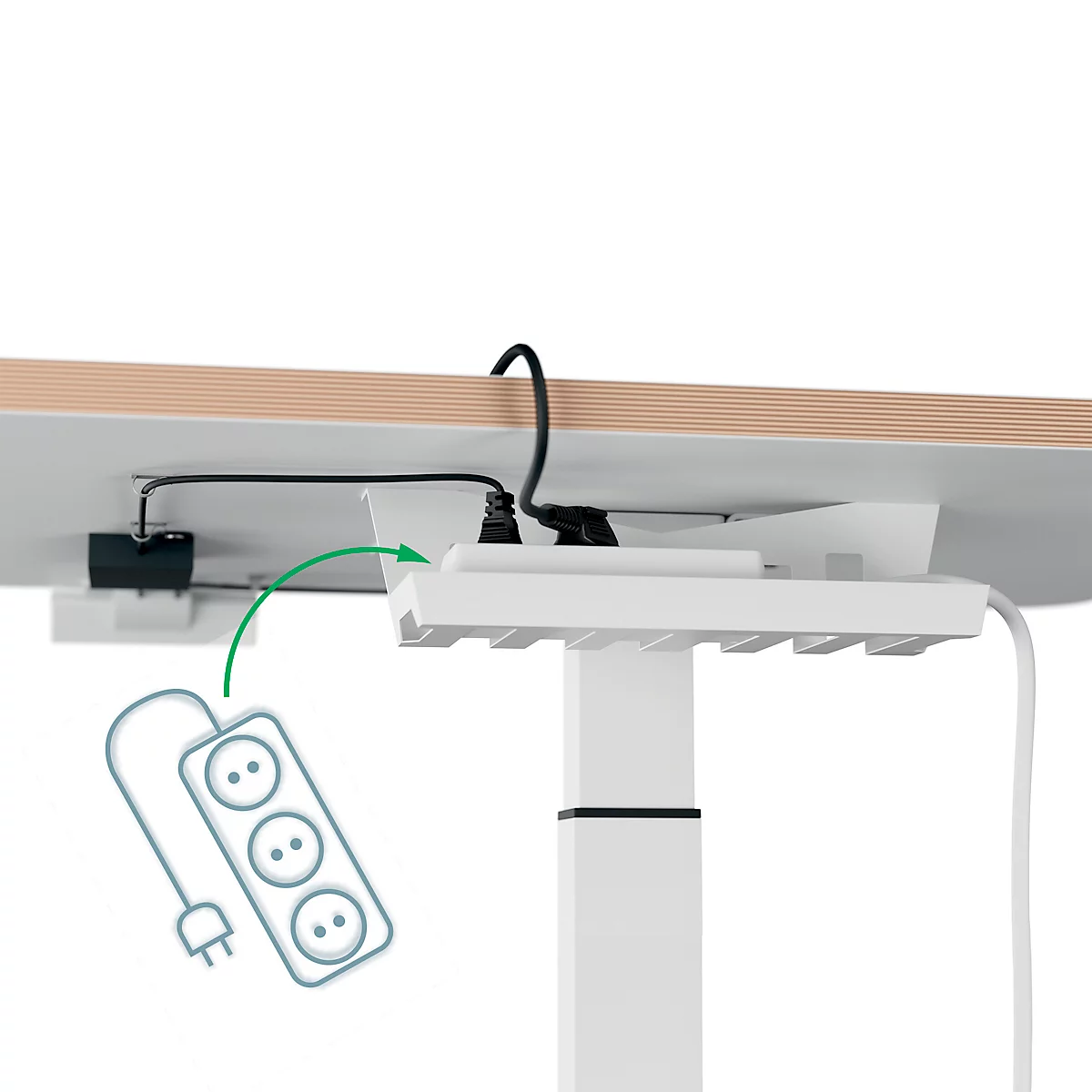 Schreibtisch LEITZ Ergo, Rechteck, elektrisch höhenverstellbar, T-Fuß, Memory-Funktion, USB-Anschlüsse, Kabelhalter, B 800 x T 600 x H 650-1300 mm, weiß/weiß