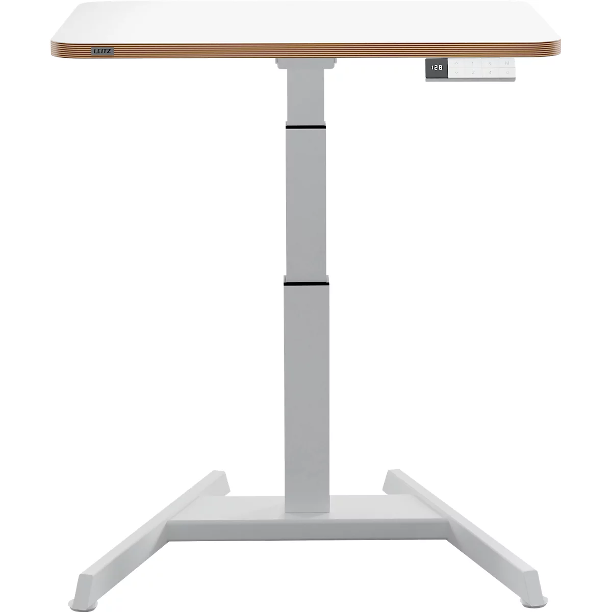 Schreibtisch LEITZ Ergo, Rechteck, elektrisch höhenverstellbar, T-Fuß, Memory-Funktion, USB-Anschlüsse, Kabelhalter, B 800 x T 600 x H 650-1300 mm, weiß/weiß
