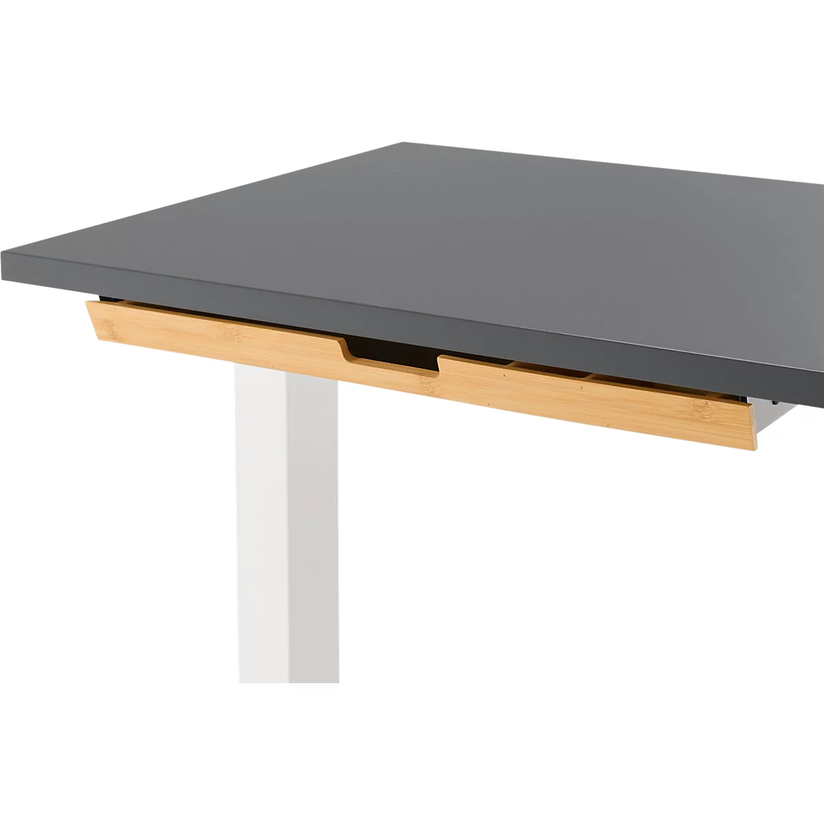 Schreibtisch mit Bambus-Zubehörschublade & Kabelkanal aus Recyclingfilz, elektrisch höhenverstellbar, B 1300 x T 650 x H 605–1265 mm, graphit/weiss