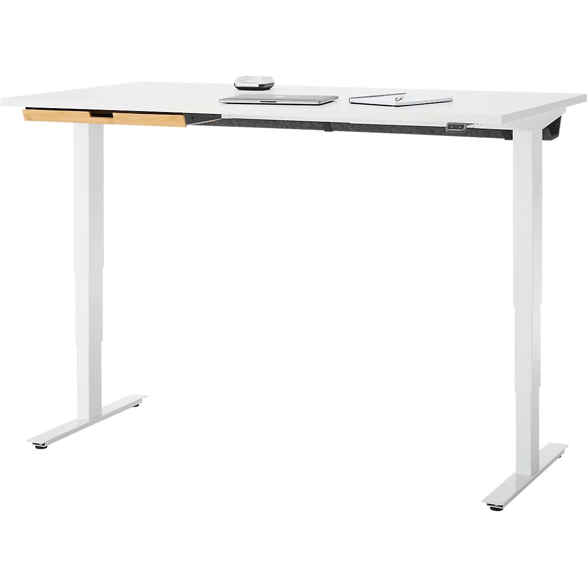 Schreibtisch mit Bambus-Zubehörschublade & Kabelkanal aus Recyclingfilz, elektrisch höhenverstellbar, B 1600 x T 800 x H 605–1265 mm, weiss/weiss