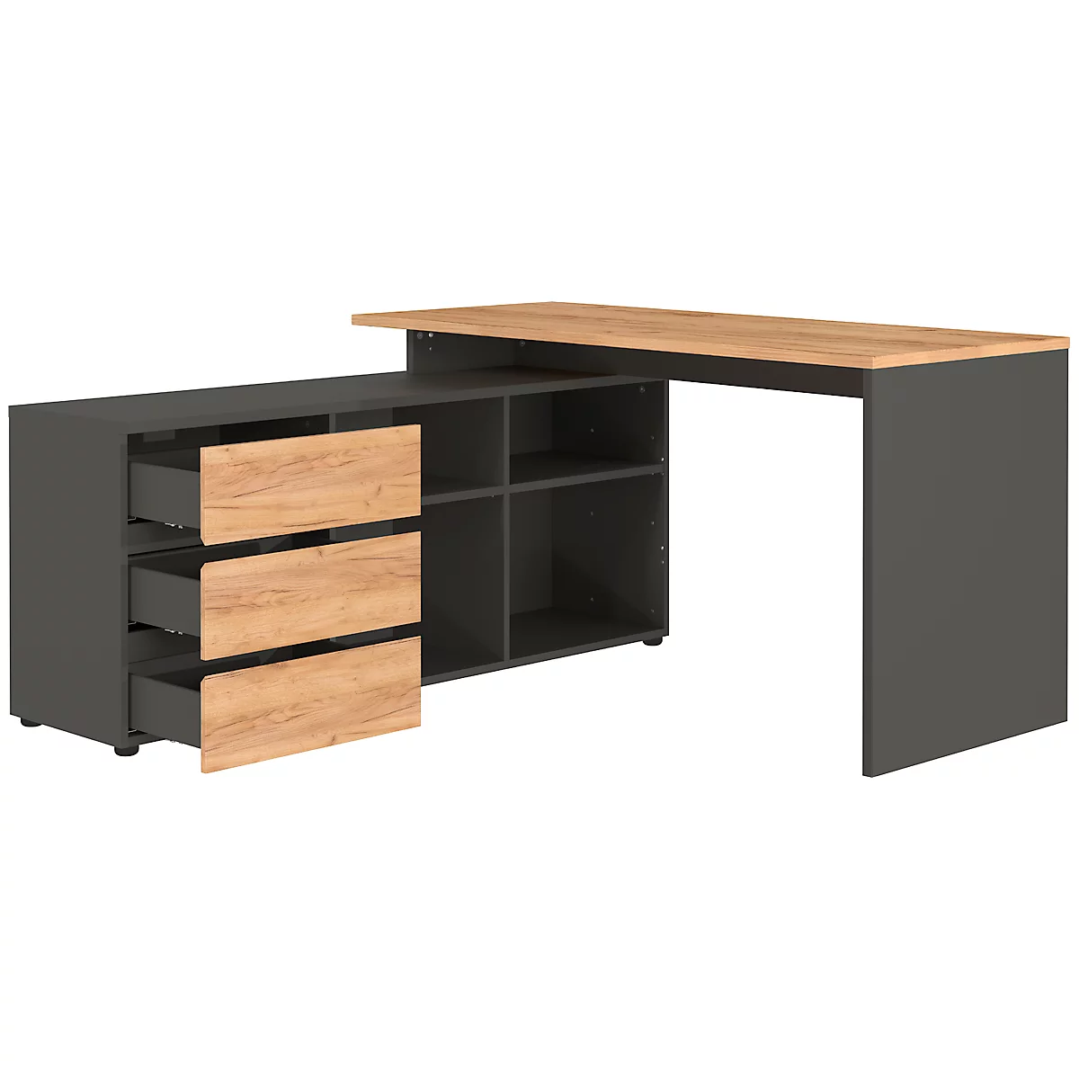 Schreibtisch mit Sideboard Boston, B 1450 x T 1460 x H 770 mm, Navarra Eiche/graphit
