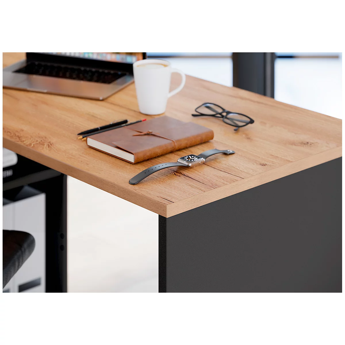 Schreibtisch mit Sideboard Boston, B 1450 x T 1460 x H 770 mm, Navarra Eiche/graphit