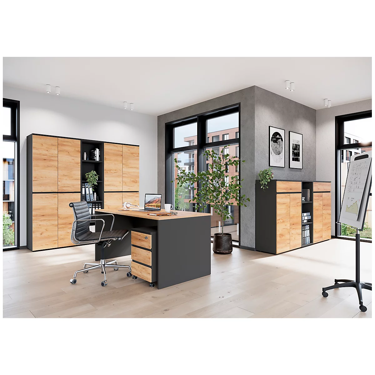 Schreibtisch mit Sideboard Boston, B 1450 x T 1460 x H 770 mm, Navarra Eiche/graphit