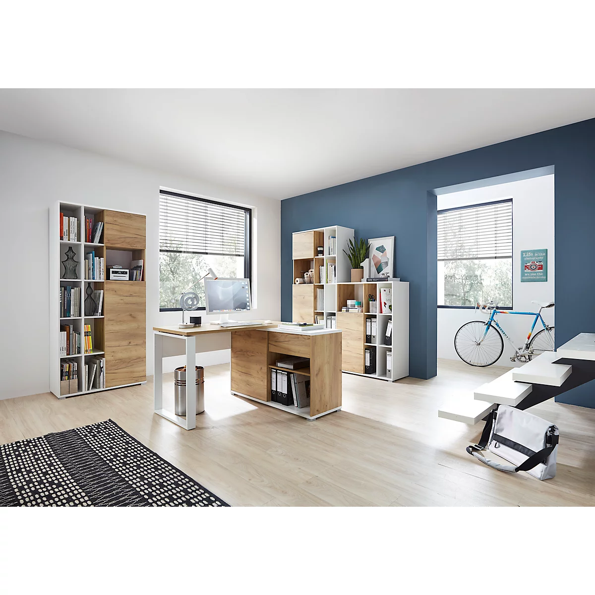 Schreibtisch mit Sideboard LIONI, Rechteck, Kufen, B 1200 x T 1170 x H 750 mm, Navarra Eiche Nachbildung/weiß