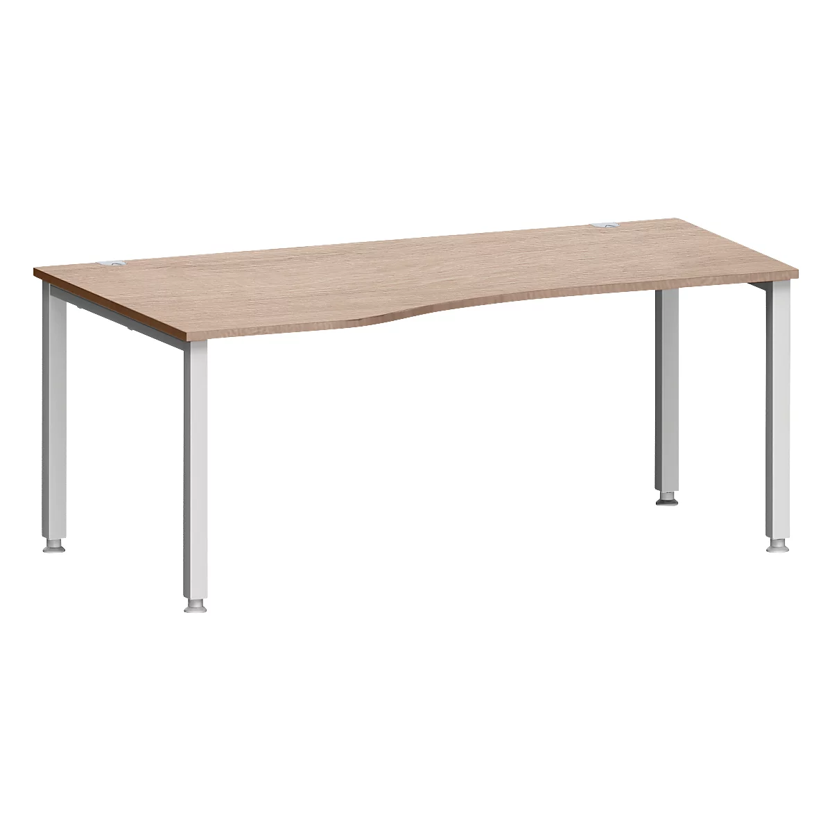 Schreibtisch MODENA FLEX, Freiform, Ansatz links, 4-Fuß Quadratrohr, B 1800 x T 1000/800 x H 720-820 mm, Eiche/weißaluminium