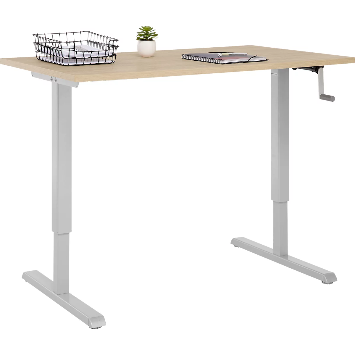 Schreibtisch Multiflex, manuell höhenverstellbar mit Kurbel, B 1200 x T 800 x H 700-1180 mm, Eiche/weißalu