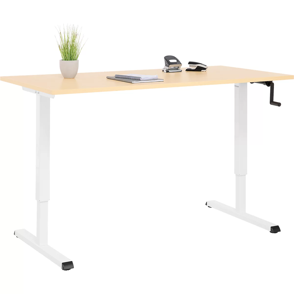Schreibtisch Multiflex, manuell höhenverstellbar mit Kurbel, B 1600 x T 800 x H 700-1180 mm, Ahorn/weiß