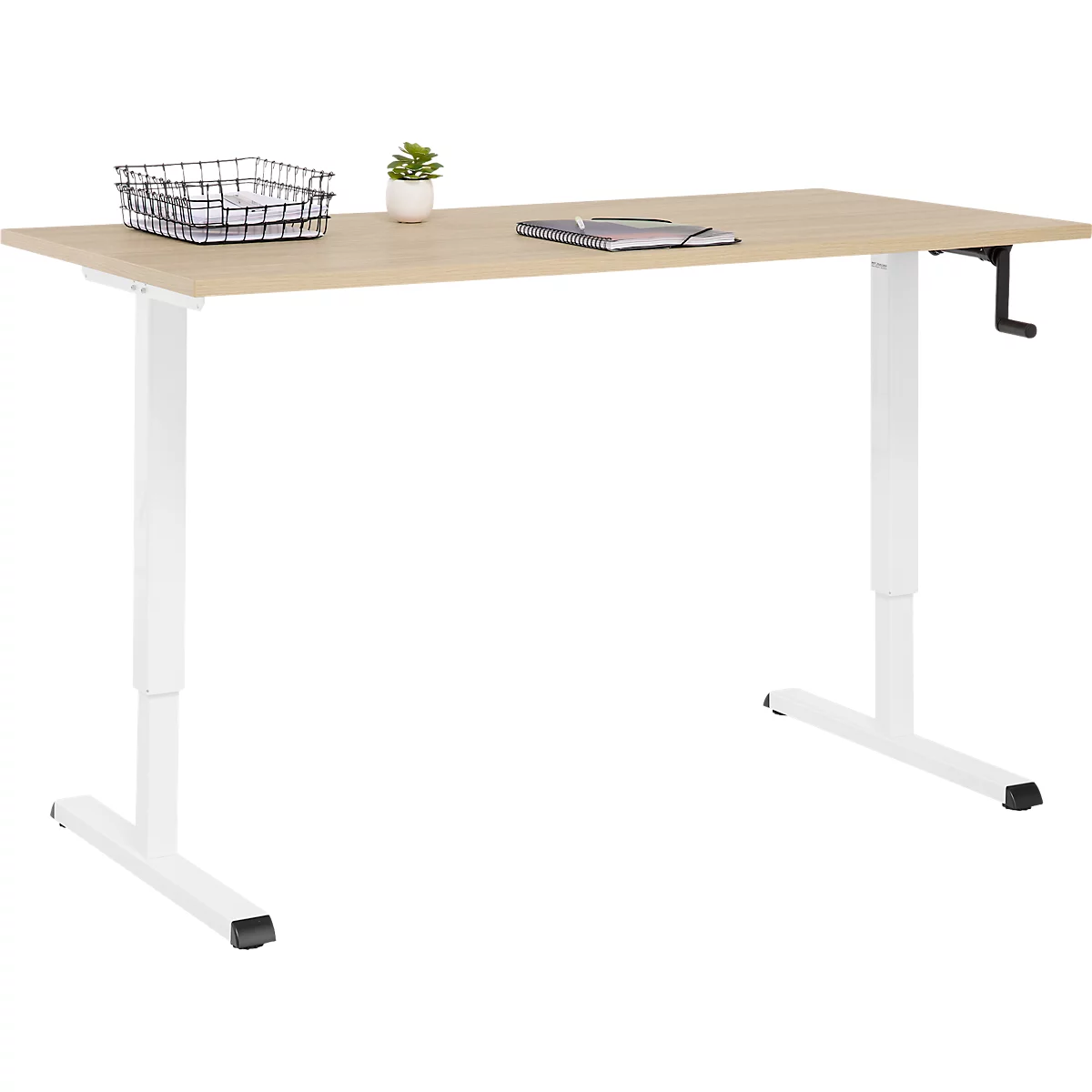 Schreibtisch Multiflex, manuell höhenverstellbar mit Kurbel, B 1600 x T 800 x H 700-1180 mm, Eiche/weiß