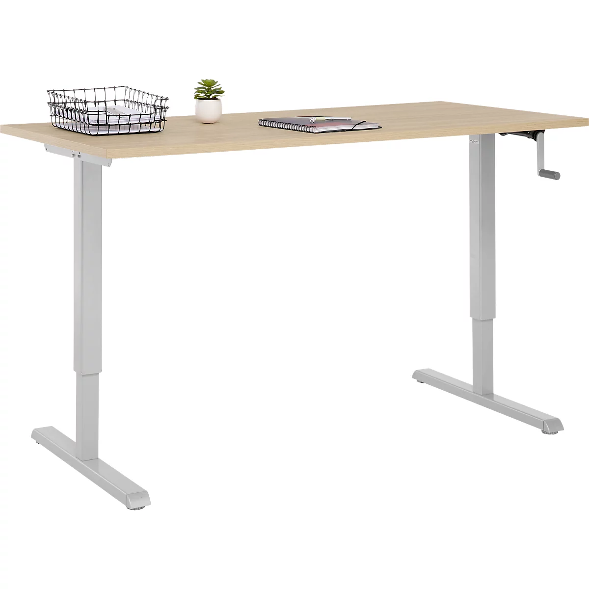 Schreibtisch Multiflex, manuell höhenverstellbar mit Kurbel, B 1600 x T 800 x H 700-1180 mm, Eiche/weißalu