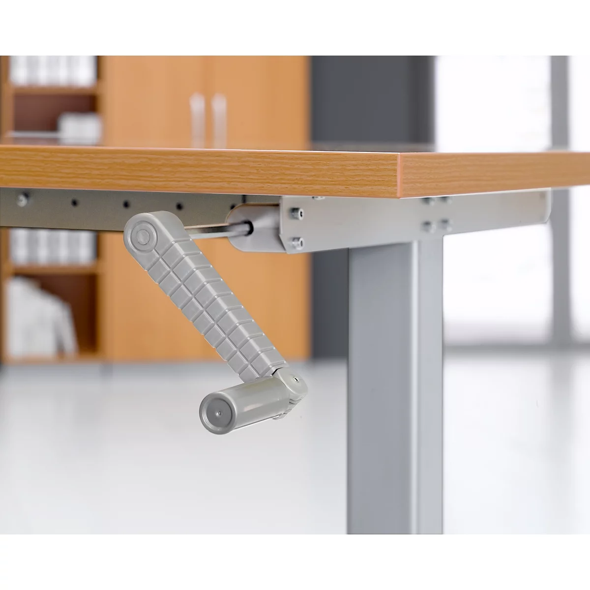 Schreibtisch Multiflex, manuell höhenverstellbar, Rechteck, T-Fuß, B 1200 x T 800 x H 728-1208 mm, Buche/weißaluminium