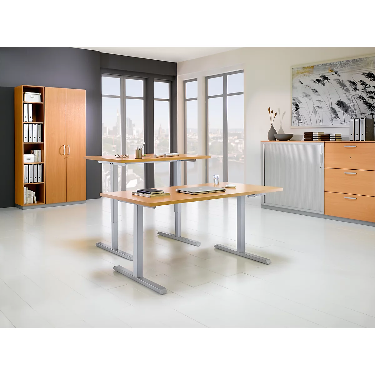 Schreibtisch Multiflex, manuell höhenverstellbar, Rechteck, T-Fuß, B 1600 x T 800 x H 728-1208 mm, Buche/weißaluminium