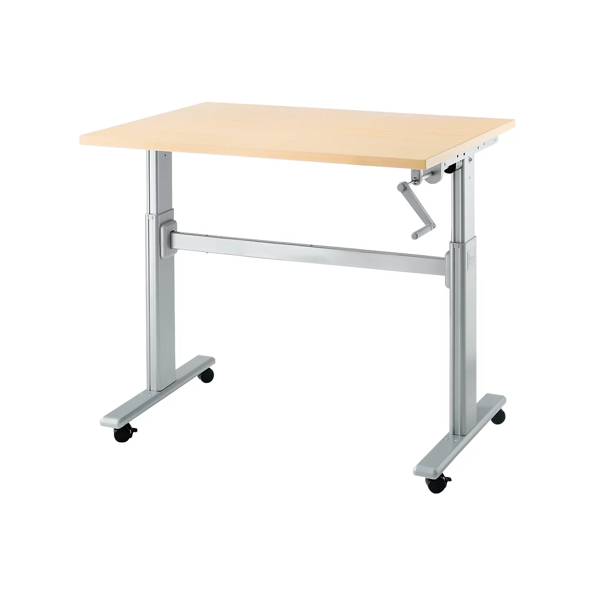 Schreibtisch Multitable, manuell höhenverstellbar, Quadrat, T-Fuss, B 800 x T 800 x H 708-1118 mm, Ahorn/weissaluminium 