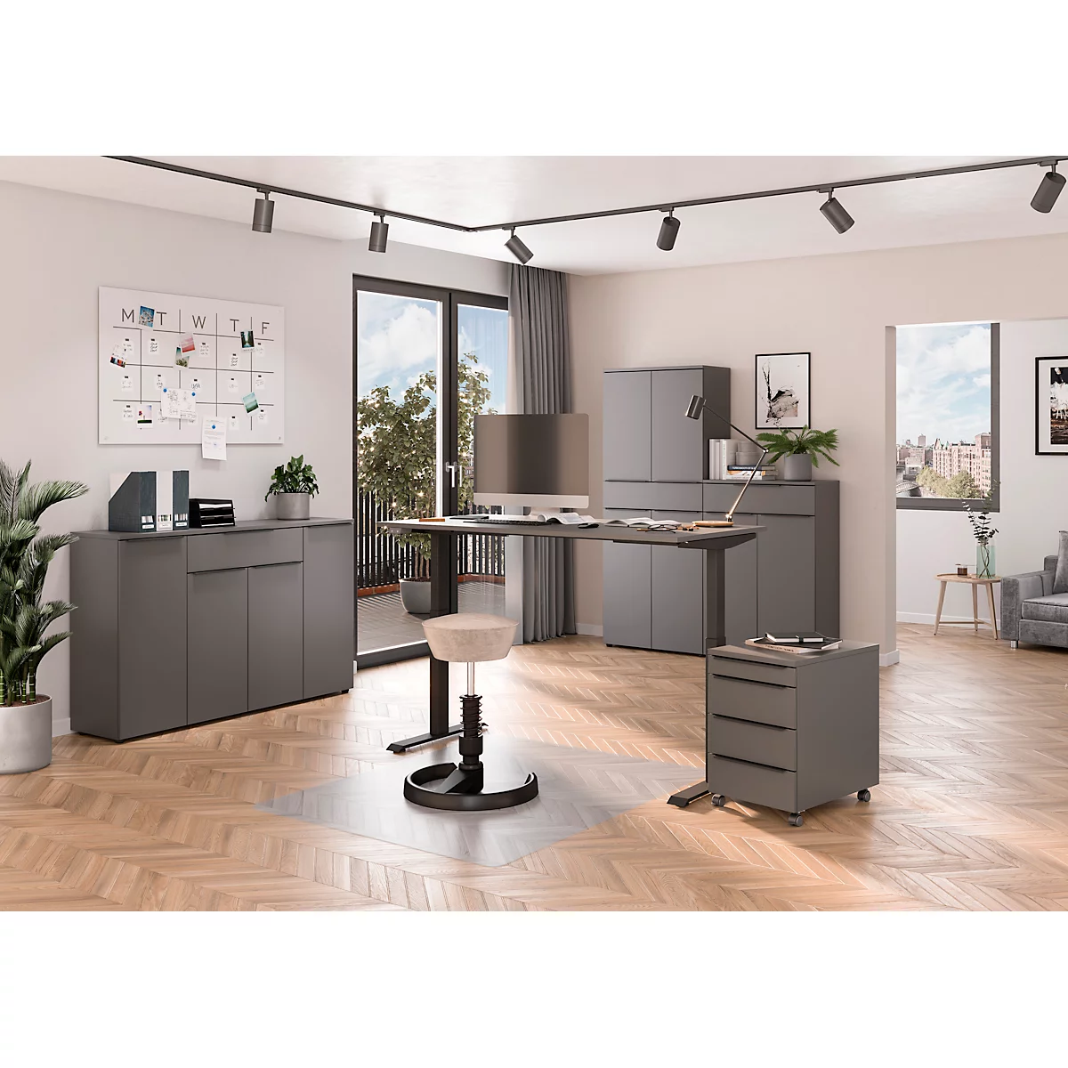 Schreibtisch Porto, elektrisch höhenverstellbar, T-Fuß, B 1200 x T 800 x H 720-1200 mm, graphit/schwarz + Memory-USB-Panel