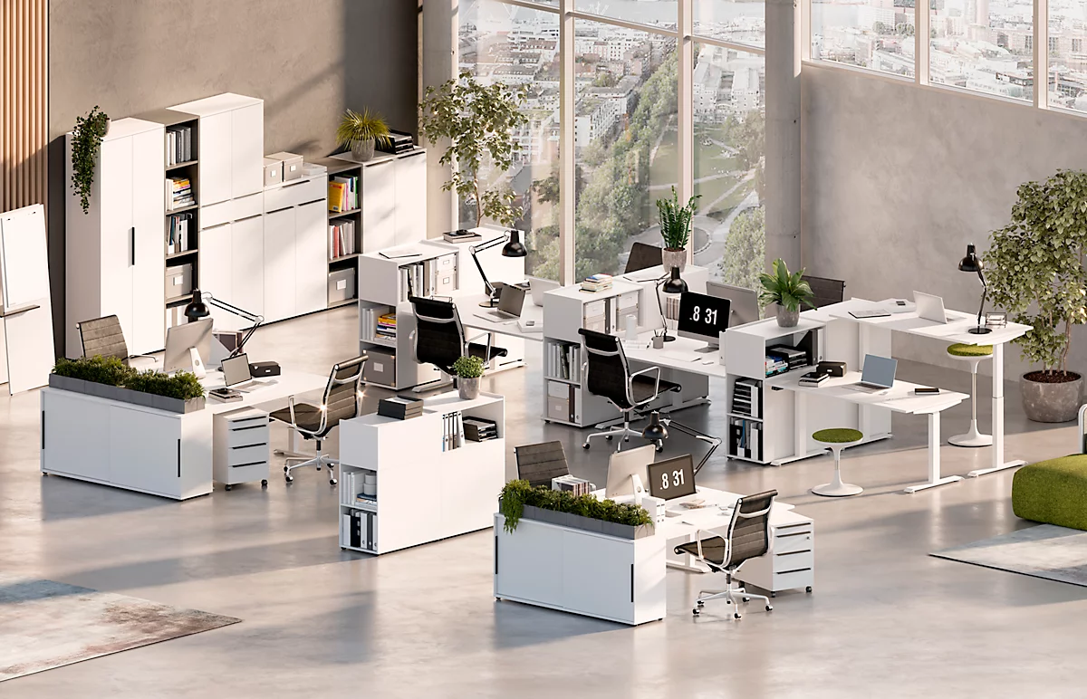 Schreibtisch Porto, elektrisch höhenverstellbar, T-Fuß, B 1200 x T 800 x H 720-1200 mm, weiß/weiß