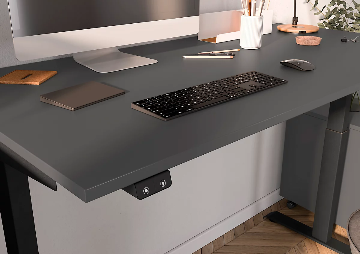 Schreibtisch Porto, elektrisch höhenverstellbar, T-Fuß, B 1400 x T 800 x H 720-1200 mm, graphit/schwarz
