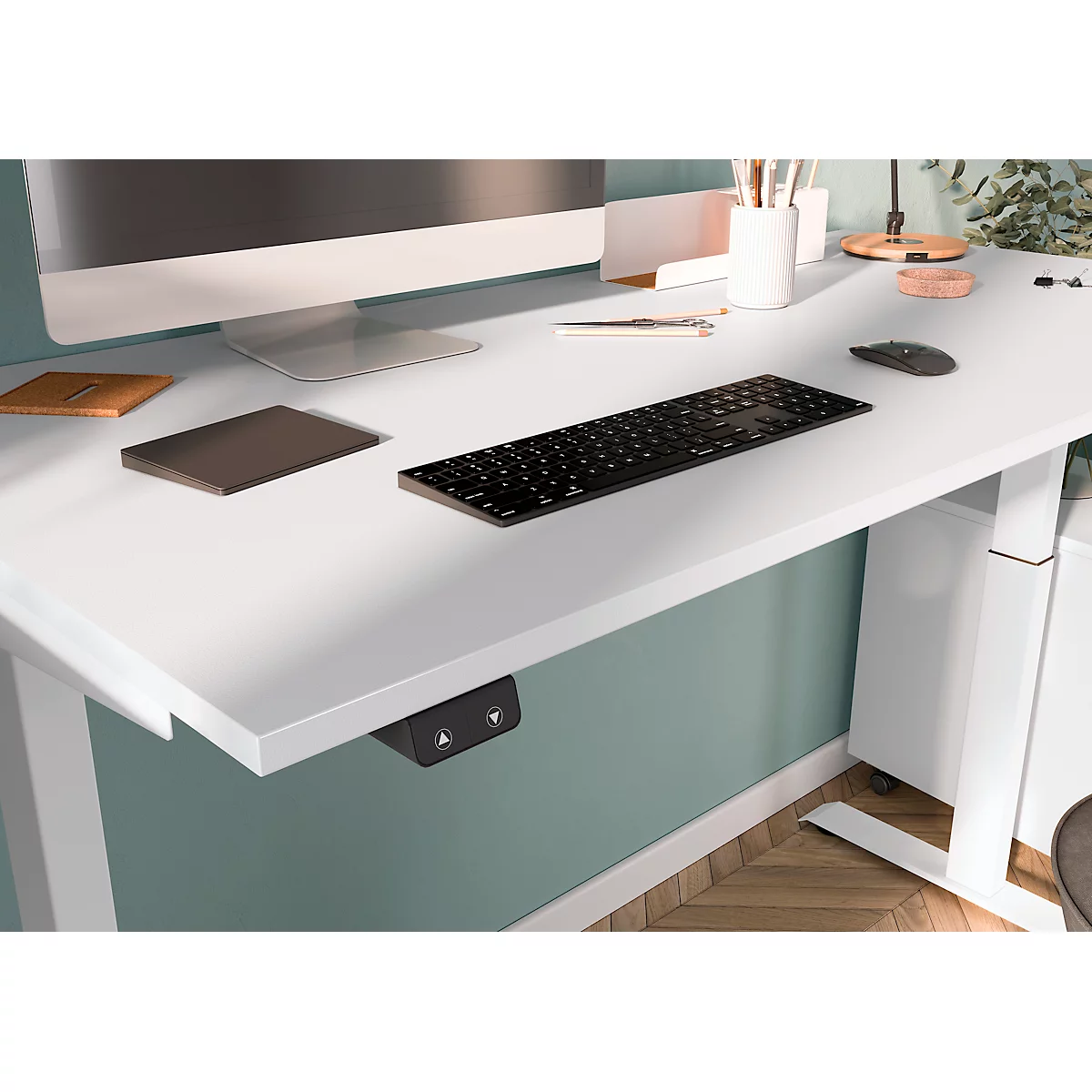 Schreibtisch Porto, elektrisch höhenverstellbar, T-Fuß, B 1400 x T 800 x H 720-1200 mm, weiß/weiß + Memory-USB-Panel