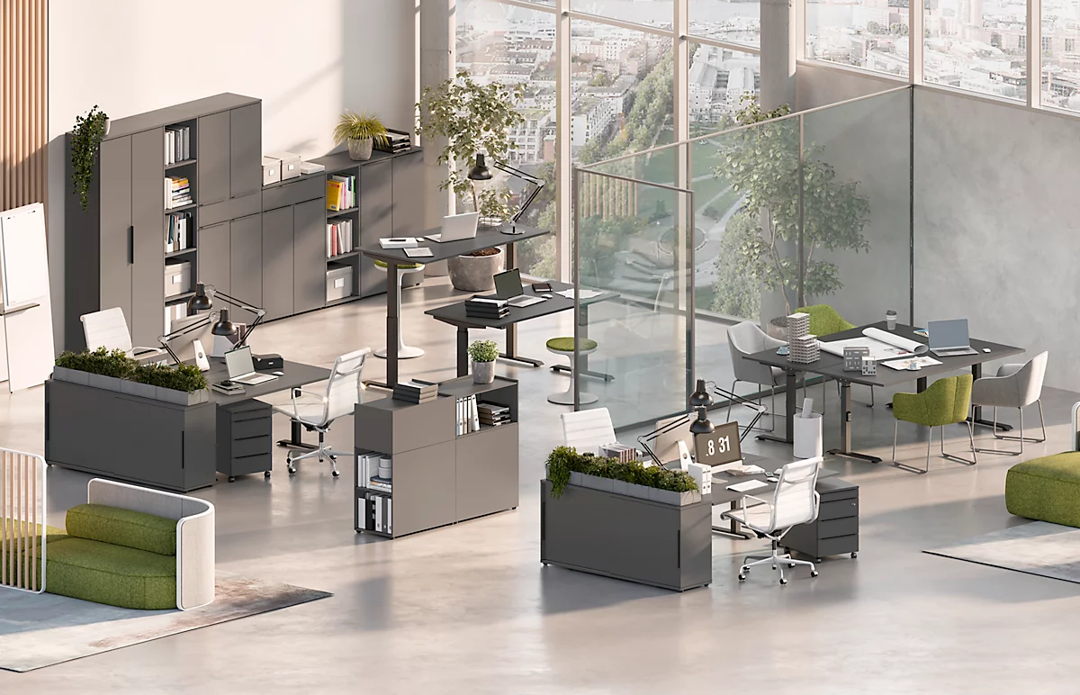Schreibtisch Porto, elektrisch höhenverstellbar, T-Fuß, B 1600 x T 800 x H 720-1200 mm, graphit/schwarz