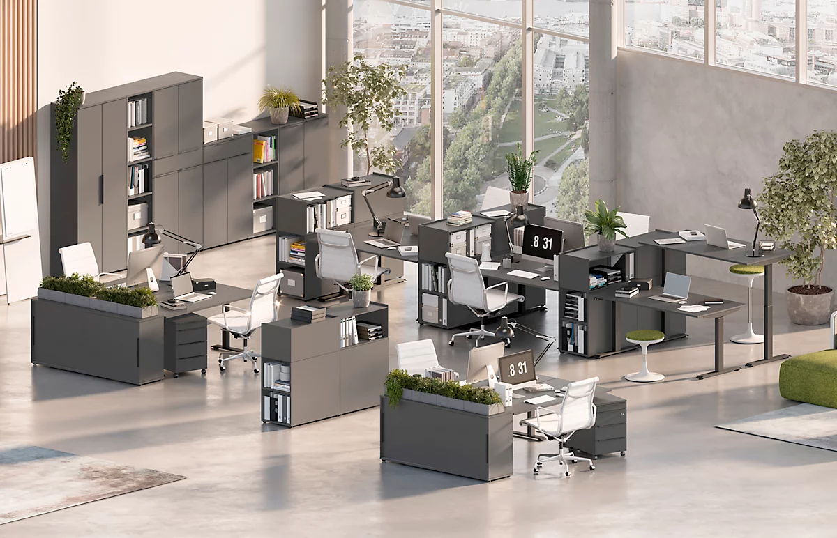 Schreibtisch Porto, elektrisch höhenverstellbar, T-Fuß, B 1600 x T 800 x H 720-1200 mm, graphit/schwarz