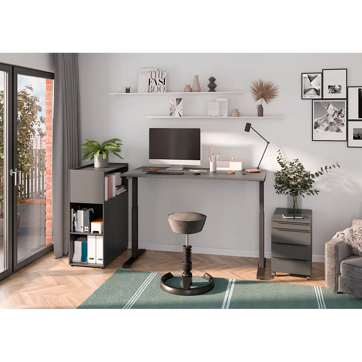 Schreibtisch Porto, elektrisch höhenverstellbar, T-Fuß, B 1600 x T 800 x H 720-1200 mm, graphit/schwarz + Memory-USB-Panel