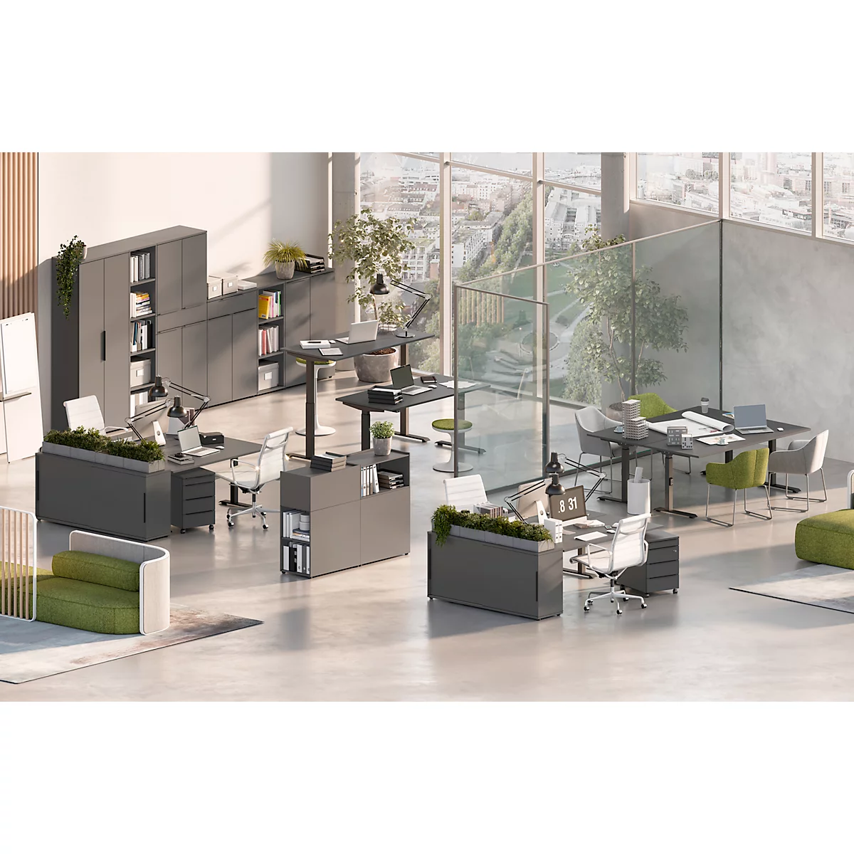 Schreibtisch Porto, elektrisch höhenverstellbar, T-Fuß, B 1600 x T 800 x H 720-1200 mm, graphit/schwarz + Memory-USB-Panel