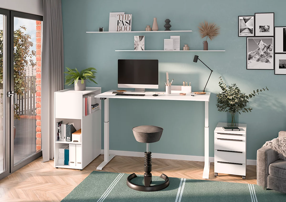 Schreibtisch Porto, elektrisch höhenverstellbar, T-Fuß, B 1600 x T 800 x H 720-1200 mm, weiß/weiß