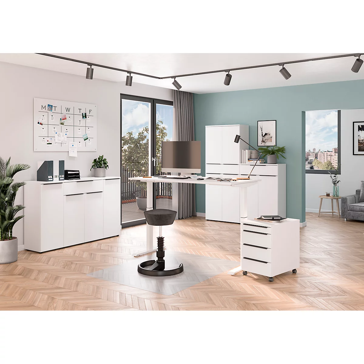 Schreibtisch Porto, elektrisch höhenverstellbar, T-Fuß, B 1600 x T 800 x H 720-1200 mm, weiß/weiß + Memory-USB-Panel