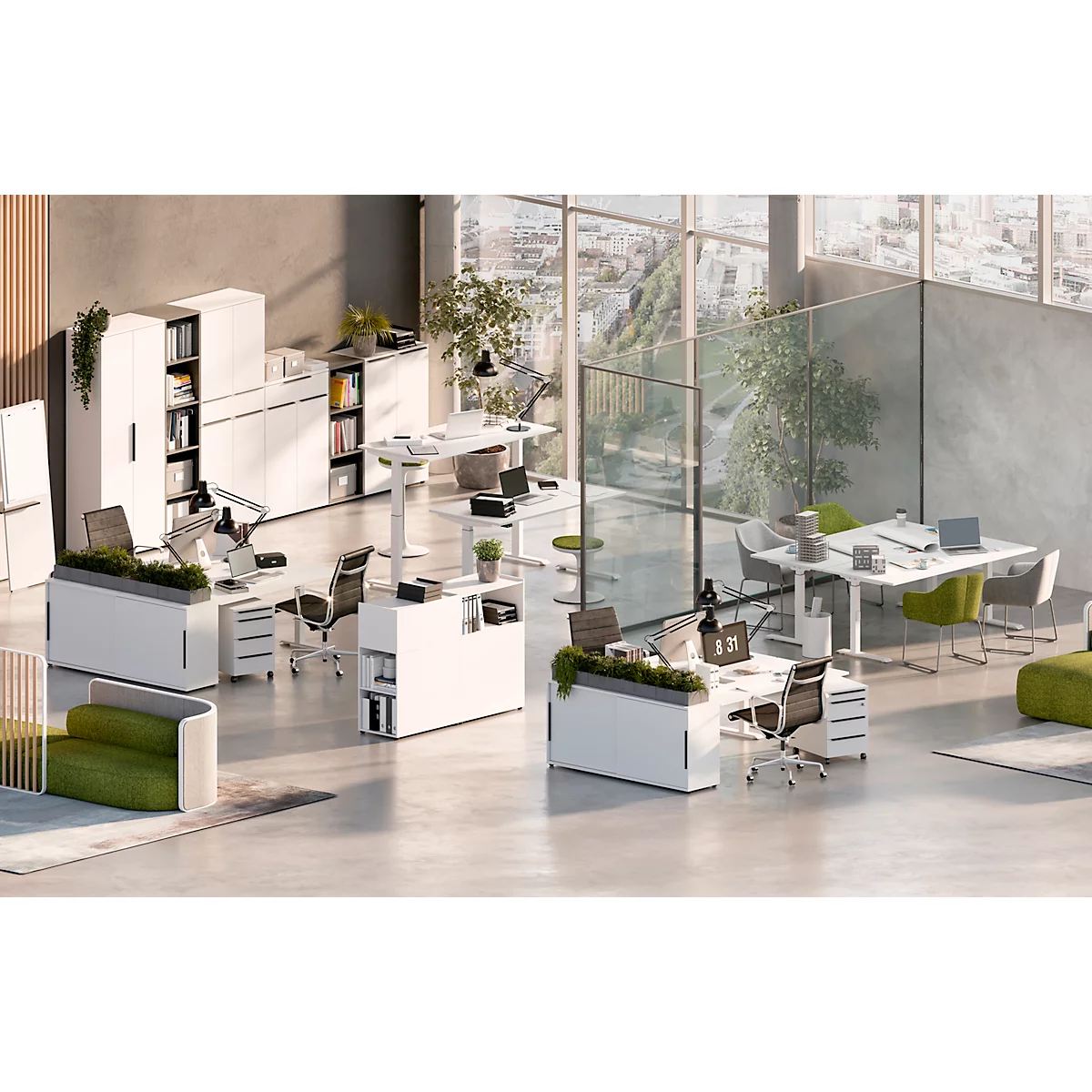 Schreibtisch Porto, elektrisch höhenverstellbar, T-Fuß, B 1600 x T 800 x H 720-1200 mm, weiß/weiß + Memory-USB-Panel