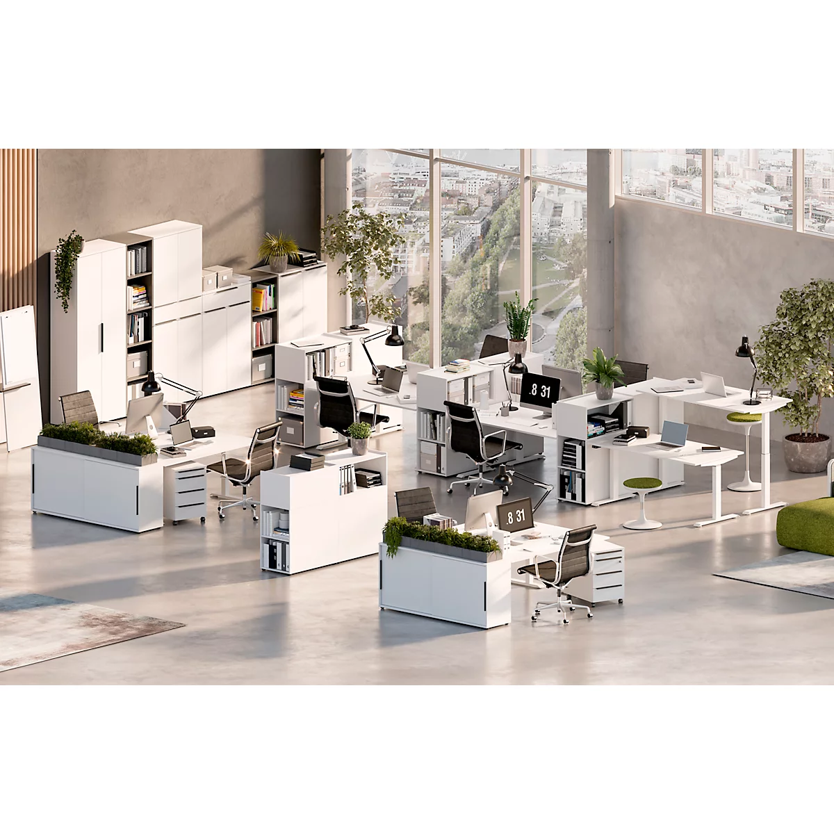 Schreibtisch Porto, elektrisch höhenverstellbar, T-Fuß, B 1600 x T 800 x H 720-1200 mm, weiß/weiß + Memory-USB-Panel